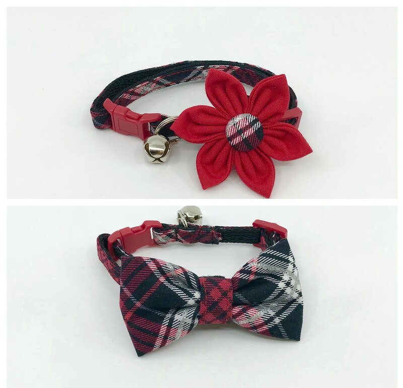 Holiday Cat Collar With Flower Or Bow Tie Red And Black Plaid, Breakaway Cat Collar Sizes S Kitten, Medium, Large